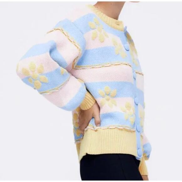 (S) Zara Pastel Colors Floral Jacquard Cozy Knit Button Front Cardigan Sweater - Picture 8 of 15